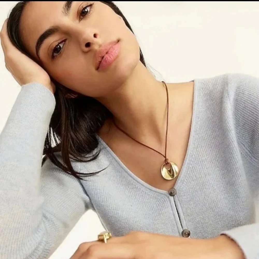 J.Crew Brown Leather & Gold Mirror Charm Necklace BNWT SO 1 LEFT! $70 - Picture 1 of 6